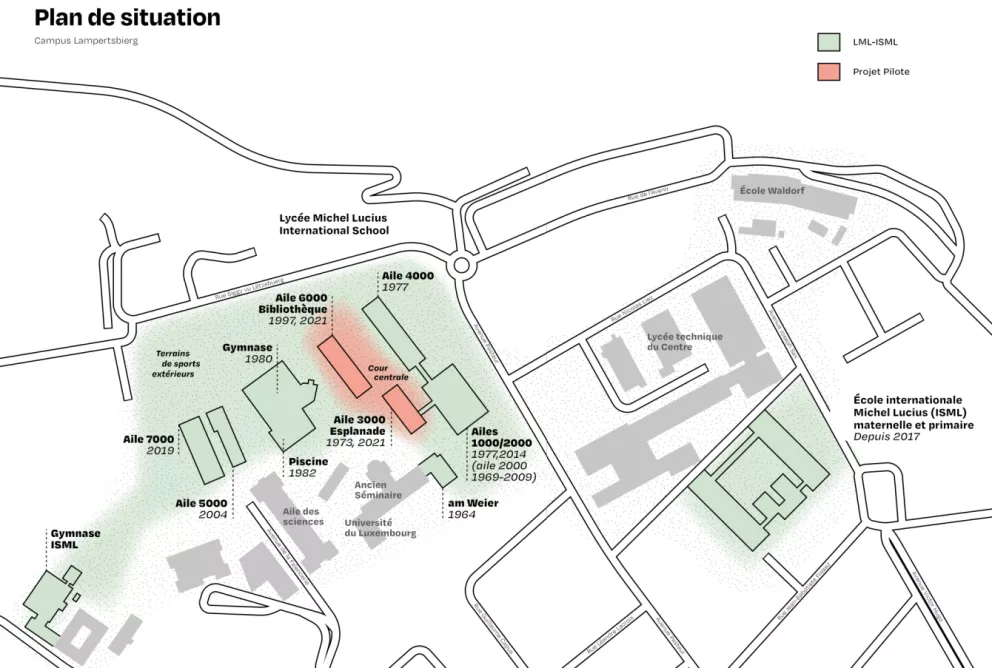 Figure 2. Plan de situation du campus du Lycée Lucius Michel et localisation des deux ailes ayant fait l’objet de travaux.